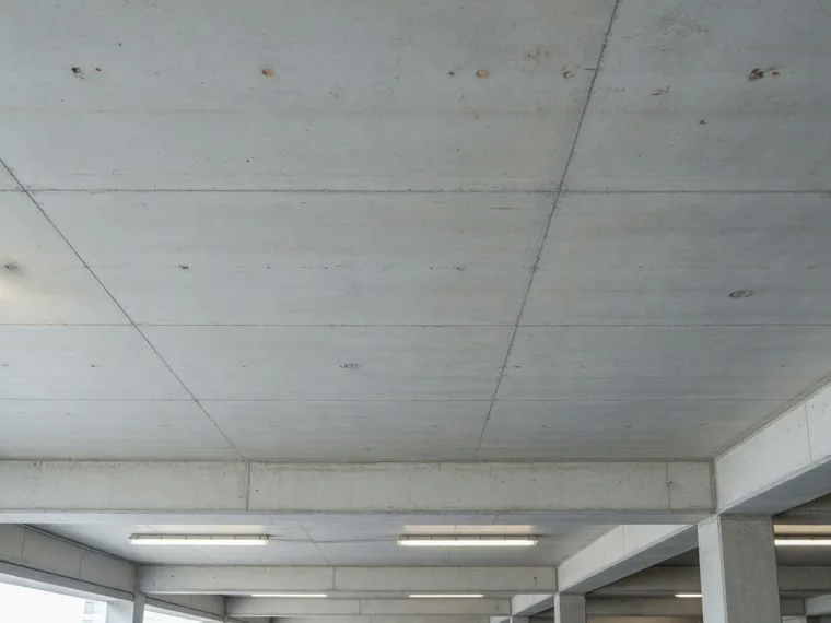 A modern concrete slab soffit in a car park showing regular formwork lines.