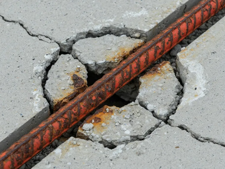 A heavily rusted steel reinforcement bar exposed in broken concrete.